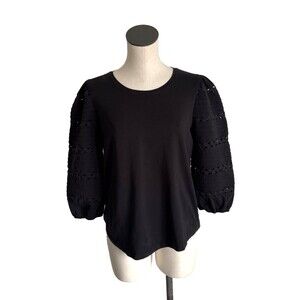 Chico's Black Puff Sleeve Top Lace Eyelet Shirt Women's Size Medium